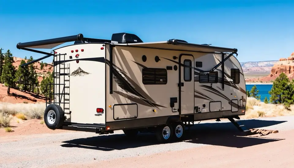 Rear three-quarter view of the champagne Timberline Ridgeback 268BH with espresso swooshes and awning out, red rock and blue water at Sand Hollow behind