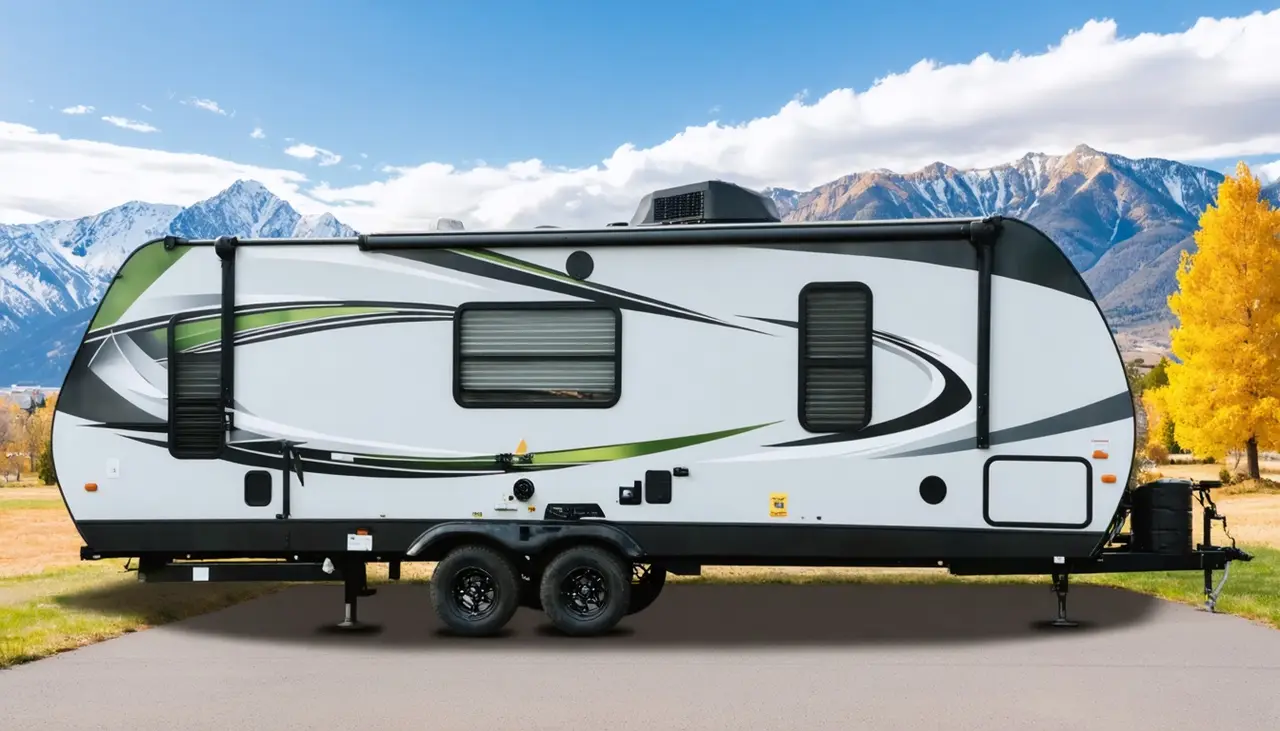 Side view of the used Cascade Coach Evergreen 2400RB with moss green and charcoal swooshes on a paved driveway, snowy peaks and golden autumn trees behind