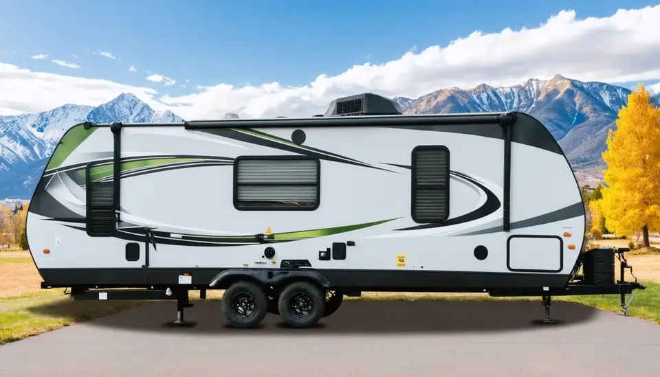 Side view of the used Cascade Coach Evergreen 2400RB with moss green and charcoal swooshes on a paved driveway, snowy peaks and golden autumn trees behind