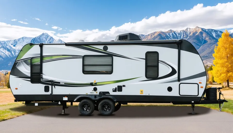 Side view of the used Cascade Coach Evergreen 2400RB with moss green and charcoal swooshes on a paved driveway, snowy peaks and golden autumn trees behind