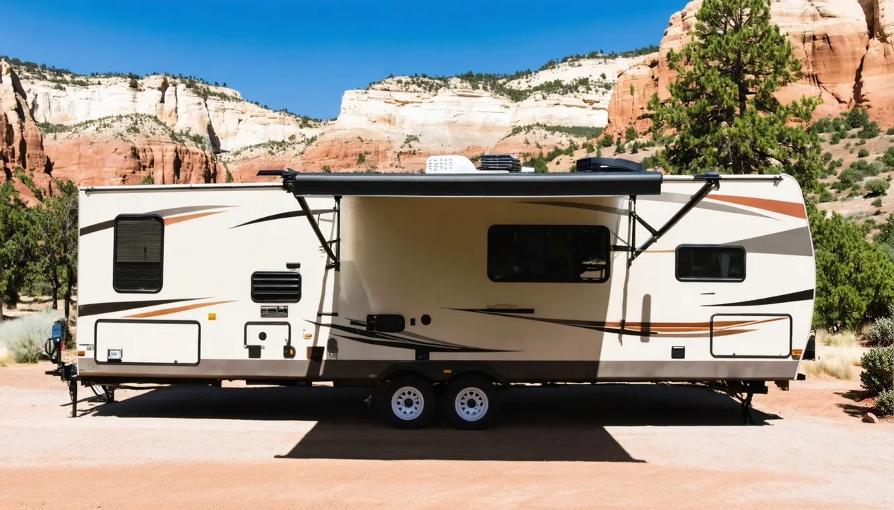 Side view of the long sandstone tan Wasatch Works Hightrail 342BHS tandem-axle travel trailer with burnt orange and black swooshes and its awning out, on a desert campsite beneath red and white sandstone cliffs