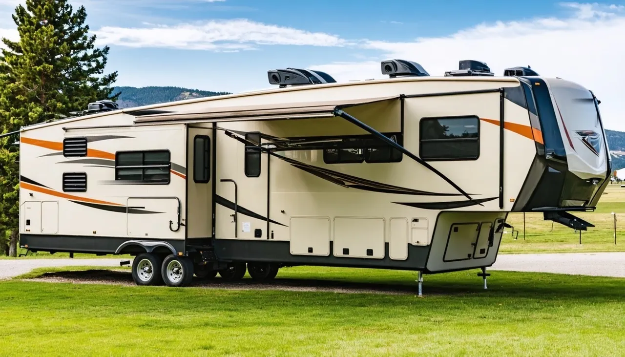 Sandstone tan Wasatch Works Granite 384BHS fifth wheel with burnt orange and black stripes and awning out on a grassy campground with pines and hills behind