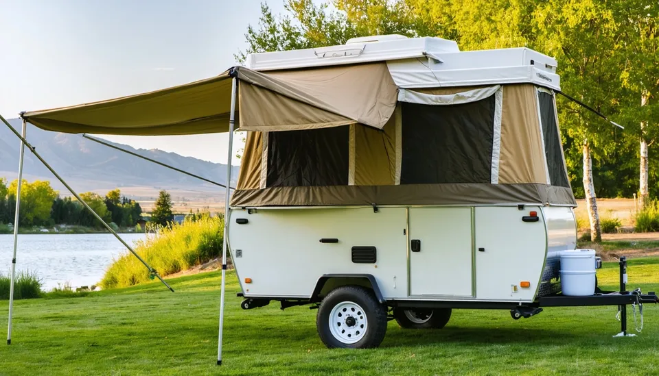 Used white Driftwood Kestrel 1706LS pop-up camper set up with tan canvas and awning out on a lakeside lawn among birch trees, hills behind