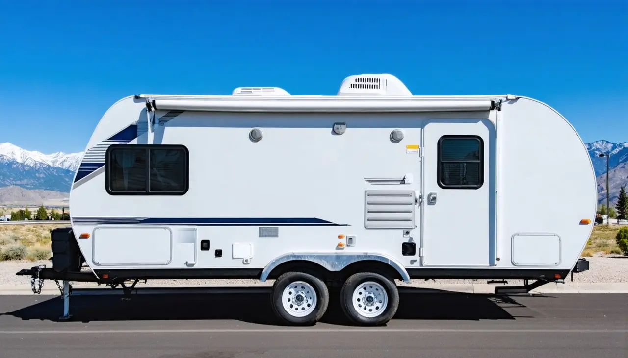 Side view of the white Northstar Lodestar 22RBS travel trailer with navy and silver stripes on an asphalt lot below snow-capped Wasatch peaks