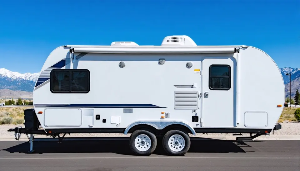 Side view of the white Northstar Lodestar 22RBS travel trailer with navy and silver stripes on an asphalt lot below snow-capped Wasatch peaks