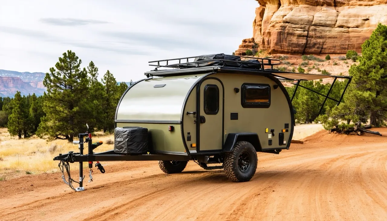 Matte olive Bluebird Nomad T16X off-road teardrop with roof rack, side awning and all-terrain tires on a red dirt road below sandstone cliffs near Moab