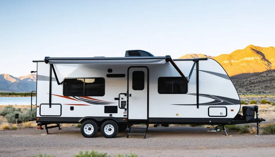 Side view of the white Alpine Ridge AR 240BH bunkhouse travel trailer with orange and slate swooshes and awning out on a gravel lakeside site, sunlit hills behind