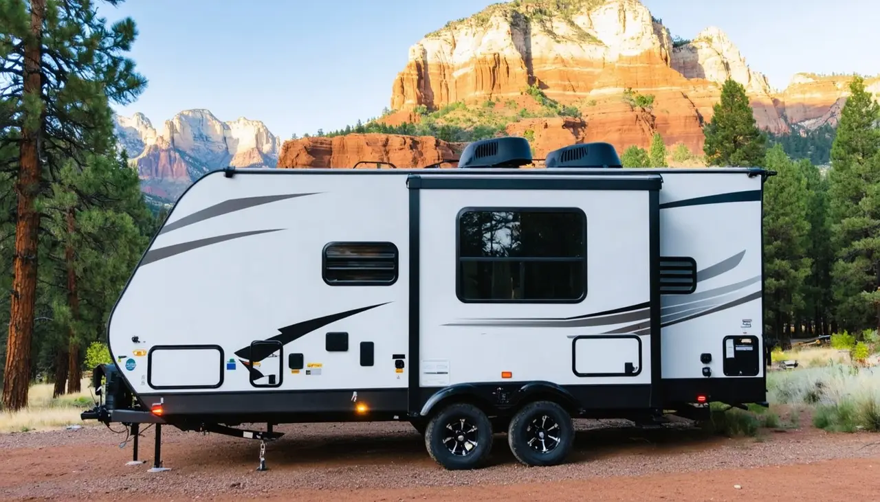 Side view of the white Summit Line Crestview 27RL with graphite swooshes on red dirt among pines below the sandstone cliffs of Zion