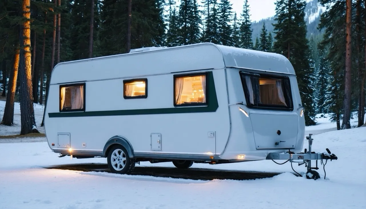Frost white Cascade Coach Evergreen 293RK with an evergreen stripe and glowing windows, parked in snow among pines in the Uinta Mountains at dusk