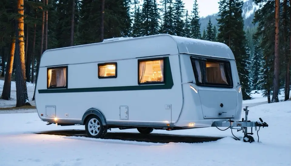 Frost white Cascade Coach Evergreen 293RK with an evergreen stripe and glowing windows, parked in snow among pines in the Uinta Mountains at dusk