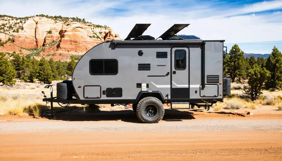 Side view of the basalt gray Red Rock Outfitters Slickrock off-road trailer with knobby tires and tilted roof solar panels on a red dirt road below sandstone cliffs near Moab