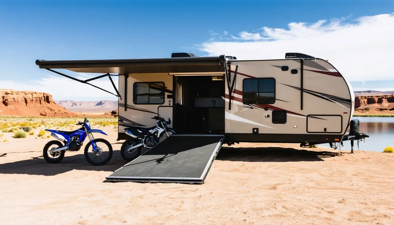 Used desert tan Red Rock Outfitters Dune Rat 2412 toy hauler with rust red and charcoal swooshes, ramp door lowered and two dirt bikes beside it, on sand by the water at Sand Hollow