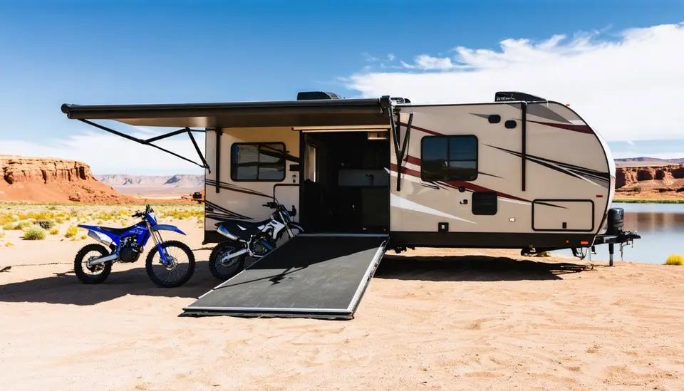 Used desert tan Red Rock Outfitters Dune Rat 2412 toy hauler with rust red and charcoal swooshes, ramp door lowered and two dirt bikes beside it, on sand by the water at Sand Hollow