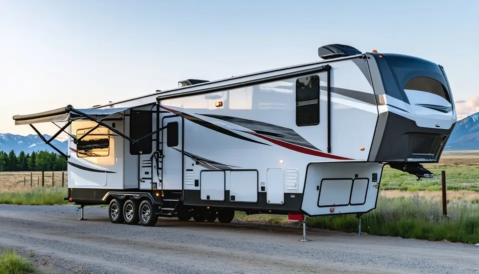 Three-quarter view of the used gloss white Frontier Haul Haymaker 3612 triple-axle fifth wheel toy hauler with charcoal and red swooshes, slides and awning out, on its landing jacks on a gravel drive at dusk, grassland and snowy peaks behind