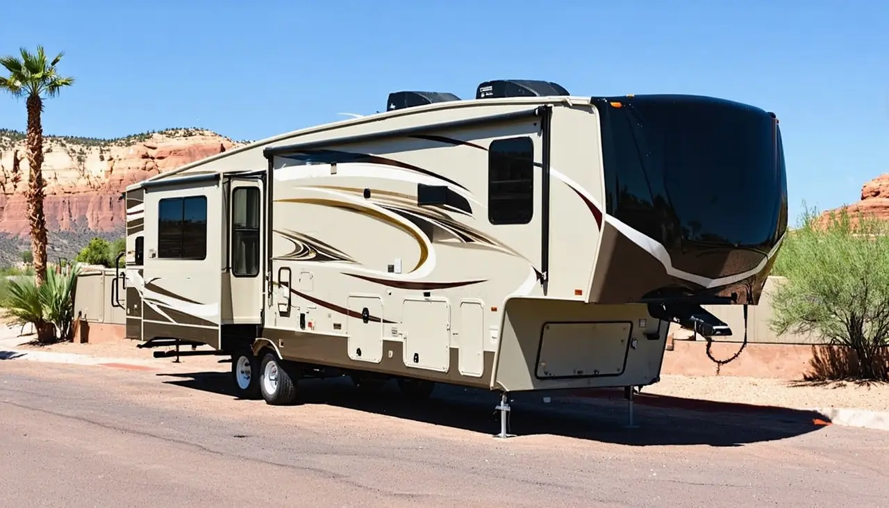 Champagne Timberline Lodgepole 315RL fifth wheel with espresso and gold swooshes and a black front cap in a St. George RV park with red cliffs and a palm tree