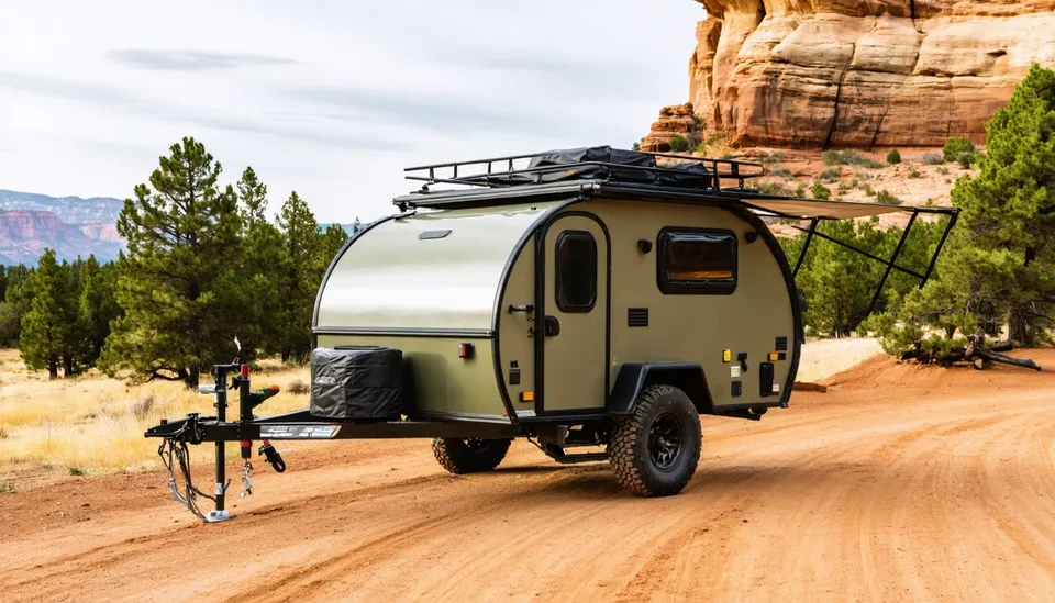 Matte olive Bluebird Nomad T16X off-road teardrop on a dirt road near Moab