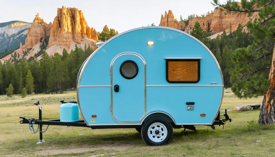 Side view of the robin egg blue Bluebird Swift T14 teardrop trailer with polished aluminum trim and porthole door in a pine meadow below the orange hoodoos of Bryce Canyon