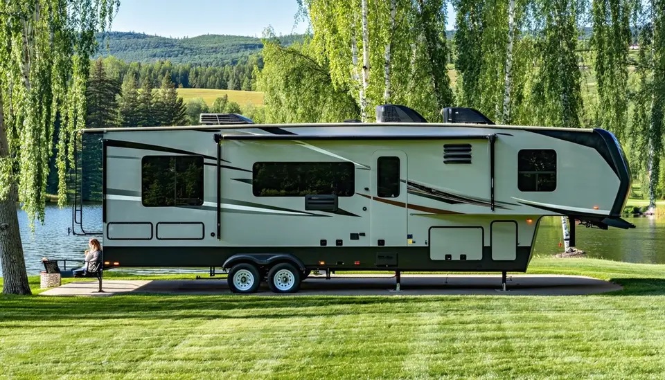 Side view of the pearl white Summit Line Pinnacle 3610FK fifth wheel with graphite skirt and copper pinstripe on a lakeside site at Strawberry Reservoir