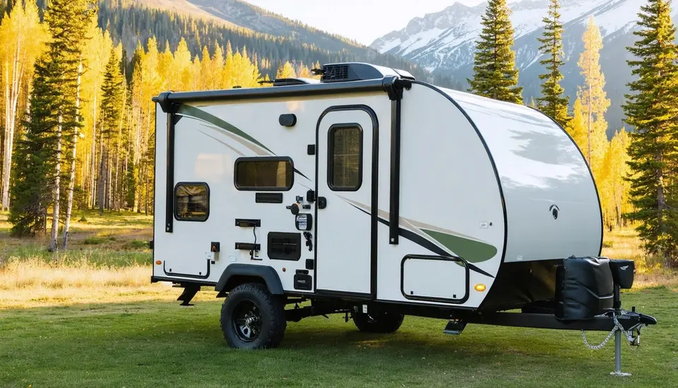 Small white Driftwood Wren 17RB travel trailer with sage green and charcoal swoops on a grassy meadow among golden aspens and pines, snowy peaks behind