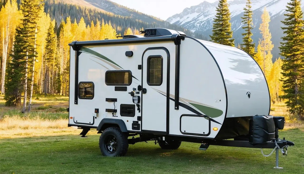 Small white Driftwood Wren 17RB travel trailer with sage green and charcoal swoops on a grassy meadow among golden aspens and pines, snowy peaks behind