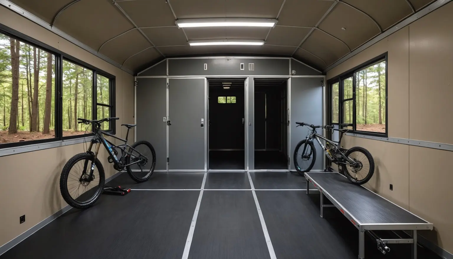 Garage in the Talus 3412G with black floor, two mountain bikes, a fold-down bench and windows onto pine forest, doors to the living area ahead
