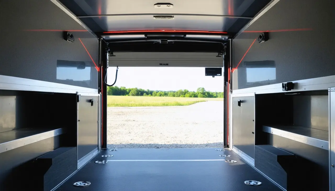 Empty garage in the Haymaker 3612 with black floor, tie-downs, side storage cabinets and red accent lighting, rear door open to a gravel drive and green field