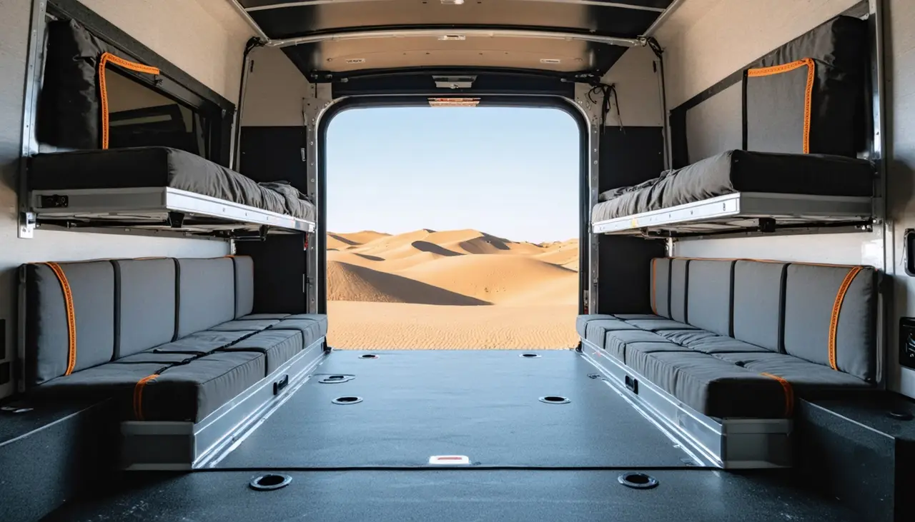 Garage of the Dustrunner with black floor, tie-downs, gray fold-down sofas with orange piping and bunks above, open rear door framing sand dunes