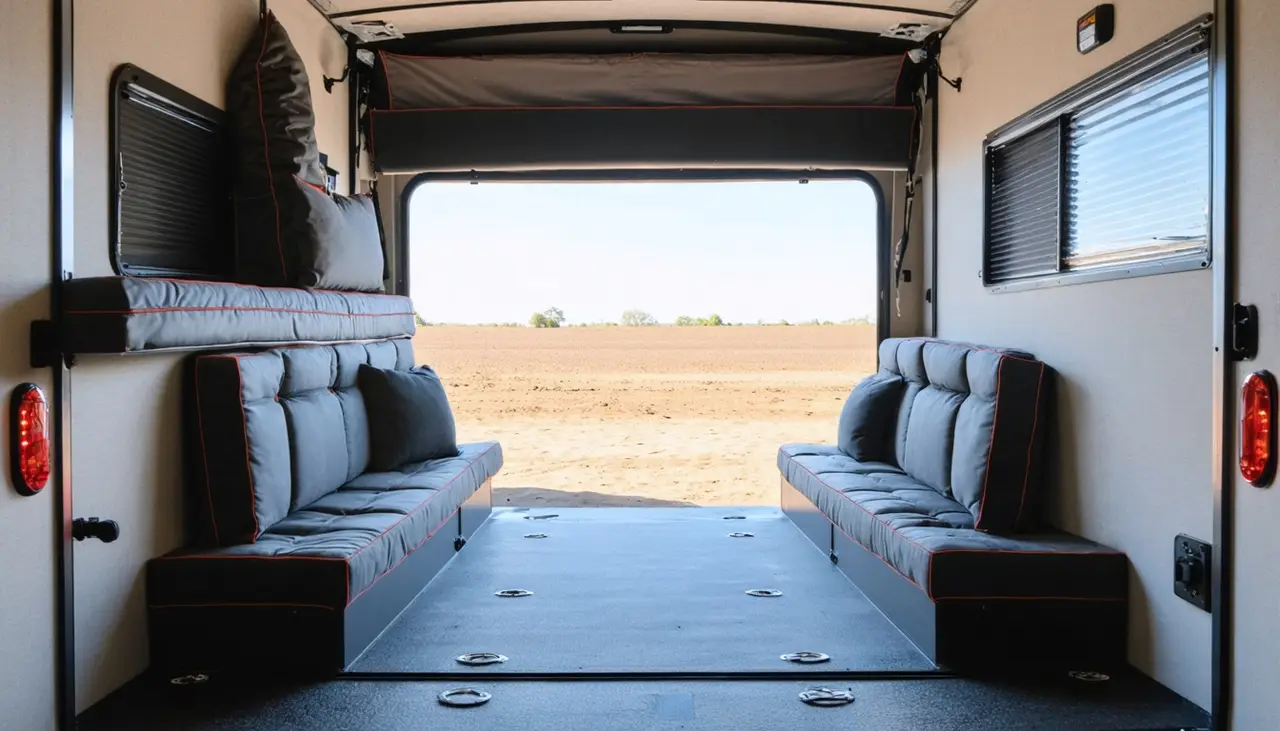 Garage of the Dune Rat 2412 with charcoal fold-down sofas with red piping, tie-downs and a raised bunk, rear door open to a dirt field