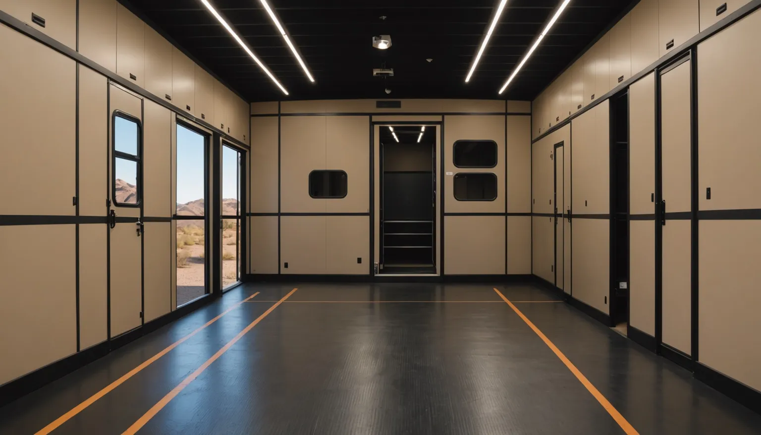 Empty sealed garage in the Haymaker 3814 with black floor, orange guide lines, tan wall panels, a door to the living area and an open side door to the desert