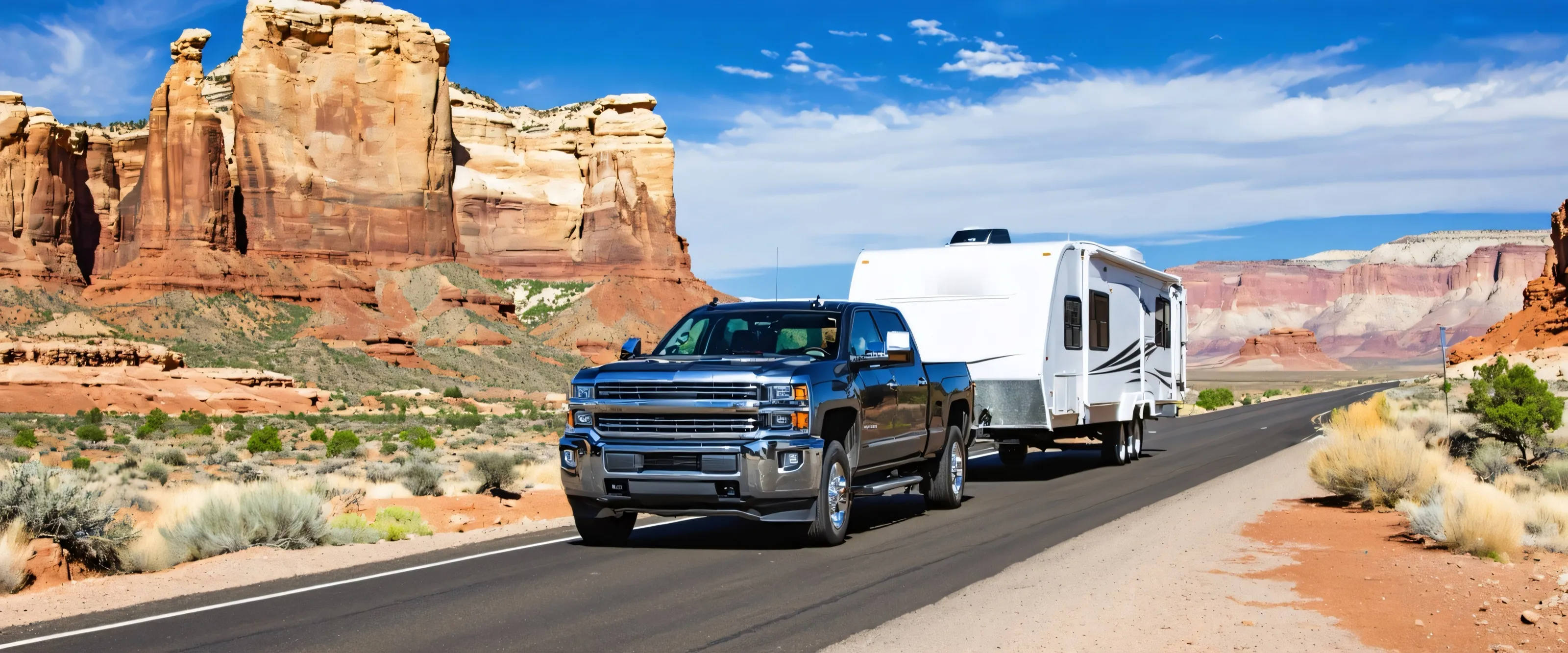 Pickup towing a travel trailer along a desert highway past red rock cliffs