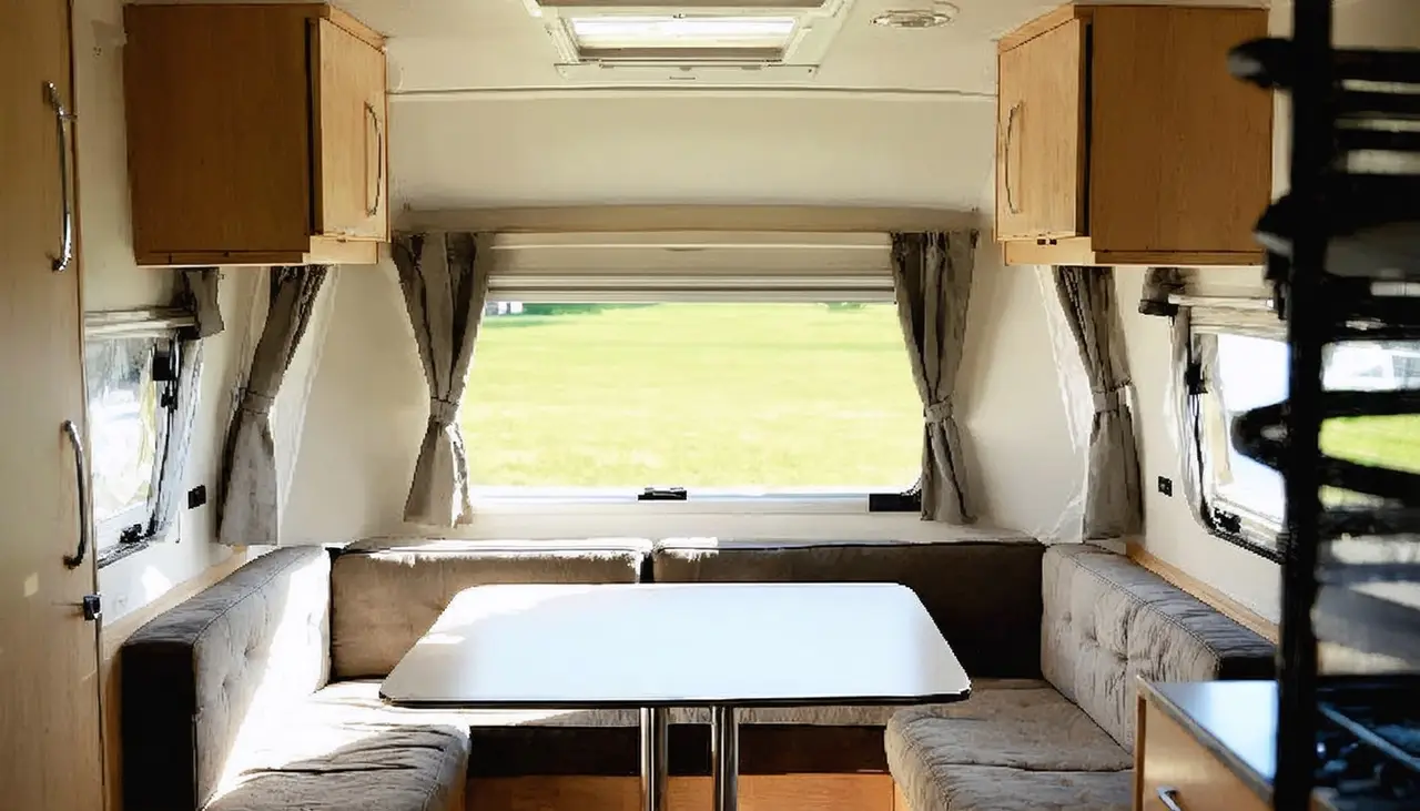 U-shaped dinette with linen gray cushions and a table under a wide window inside the Wren 17RB