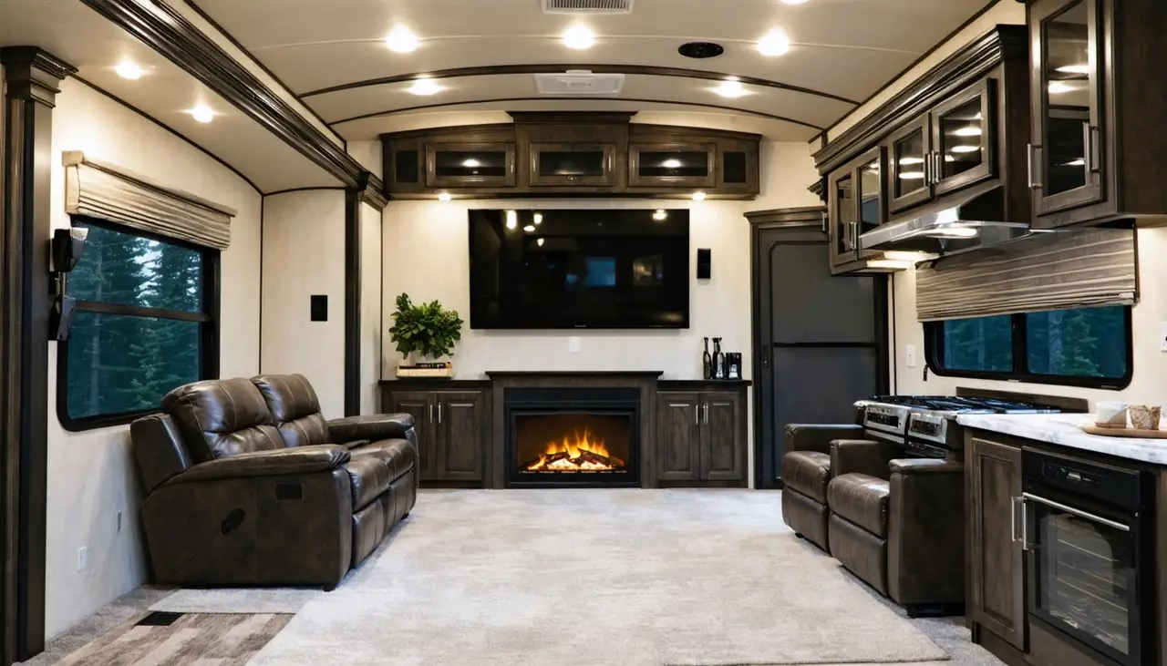 Living room in the Monarch 3750RL with espresso leather loveseat and recliners facing a fireplace below a large TV