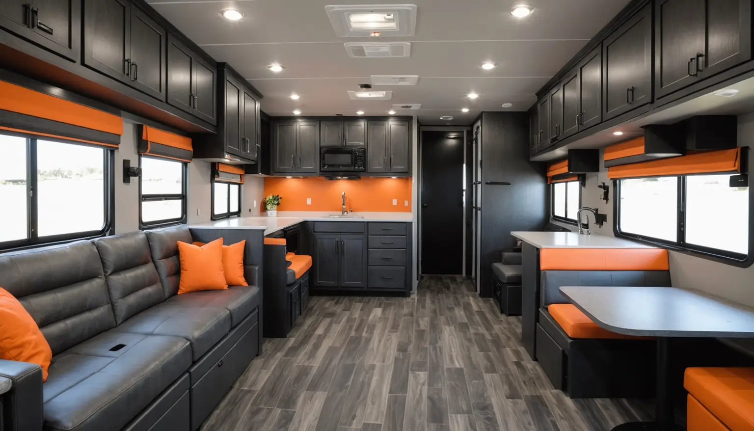 Living area of the Dustrunner 2612 with a gray sofa, dinette with orange cushions and a galley with an orange backsplash