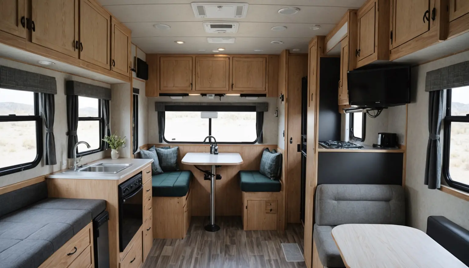Interior of the Slickrock 19FBX with a juniper green dinette under the window, galley sink and cooktop