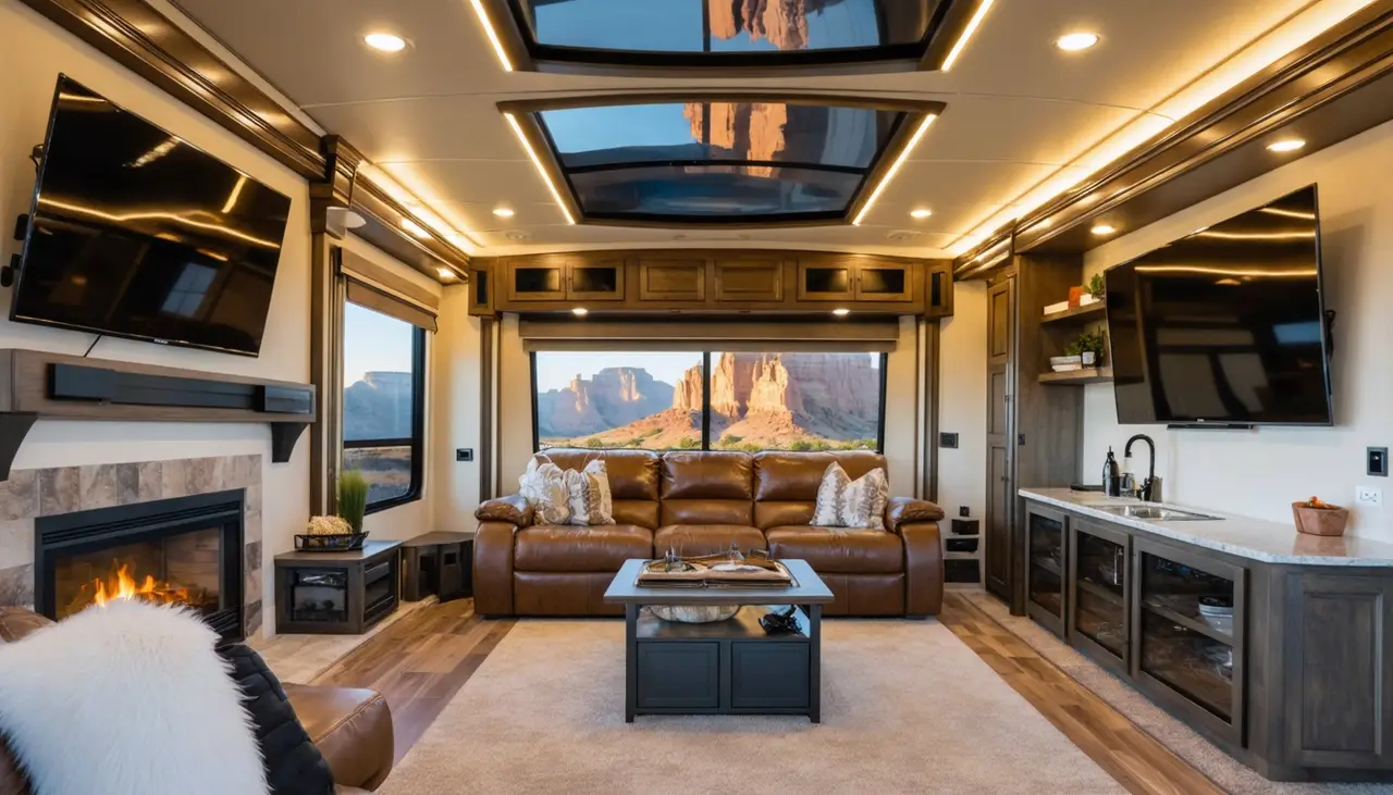 Front living room of the Monarch with a cognac leather sofa beneath a red-rock view window, a fireplace, two TVs and skylights