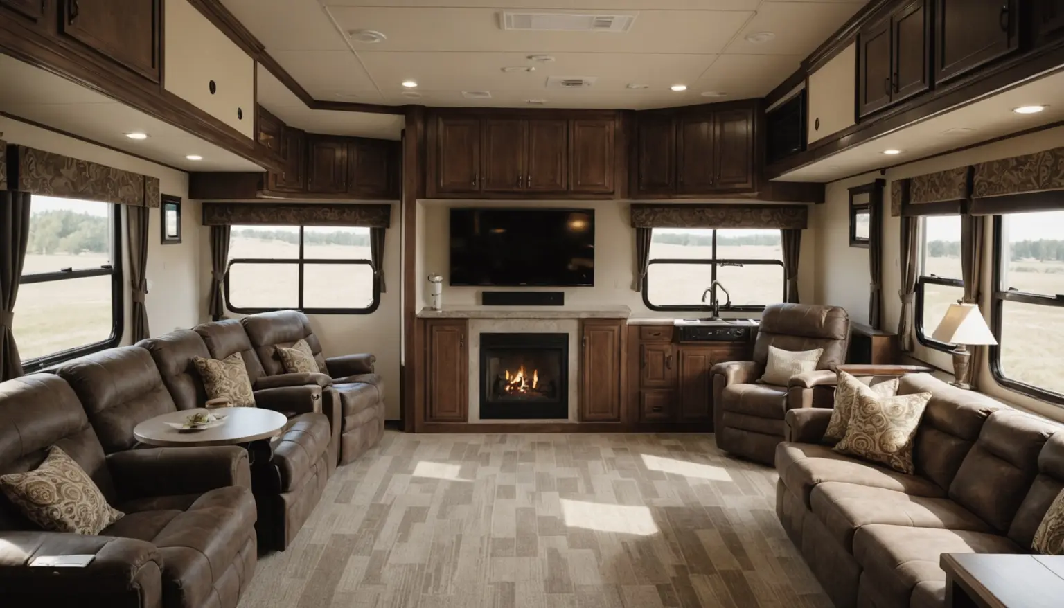 Living room in the Lodgepole 315RL with brown recliners and sofa facing a fireplace below the TV