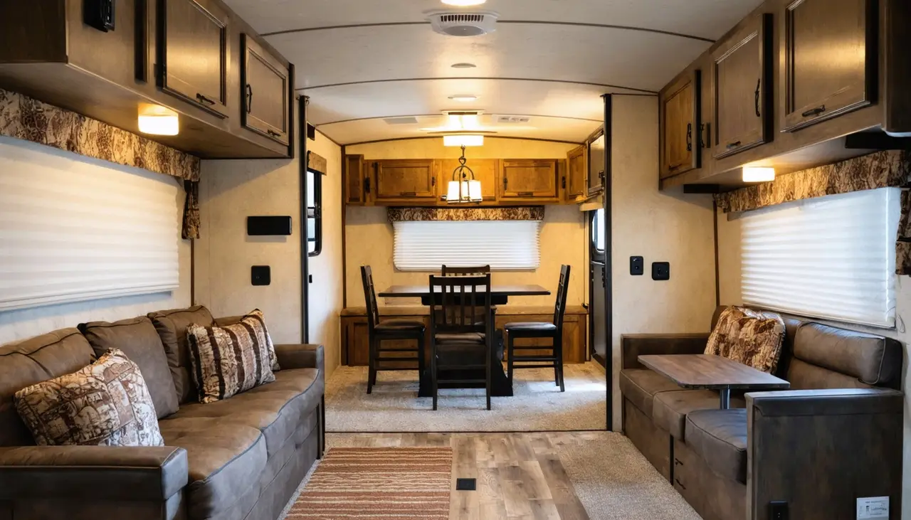 Ridgeback living area with a brown sofa and booth dinette, a freestanding table and chairs beyond