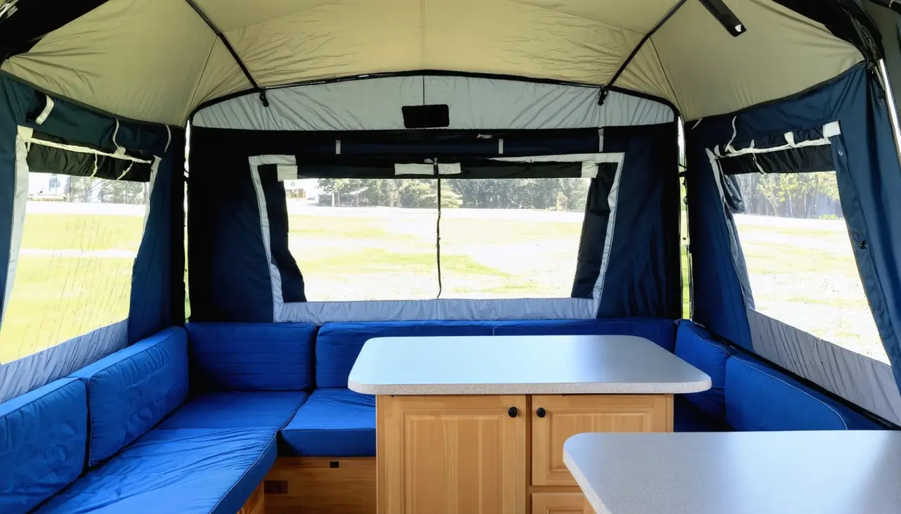 U-shaped dinette with harbor blue cushions and a table inside the Kestrel 1910ST, navy canvas walls with screened windows