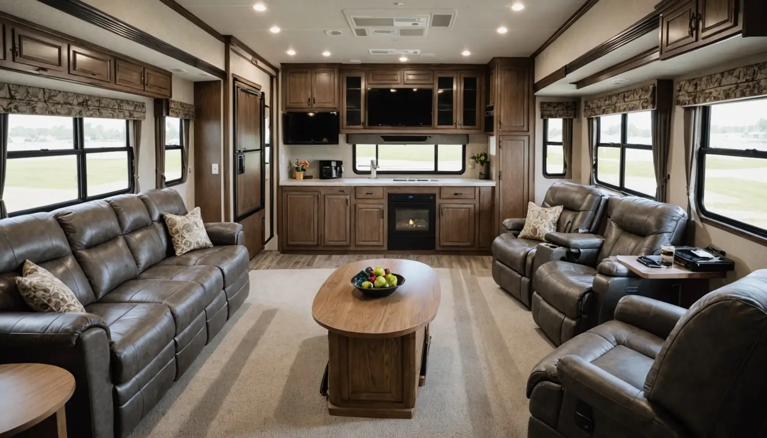 Living room in the Pinnacle with a gray leather sofa, recliners and an electric fireplace below the TV