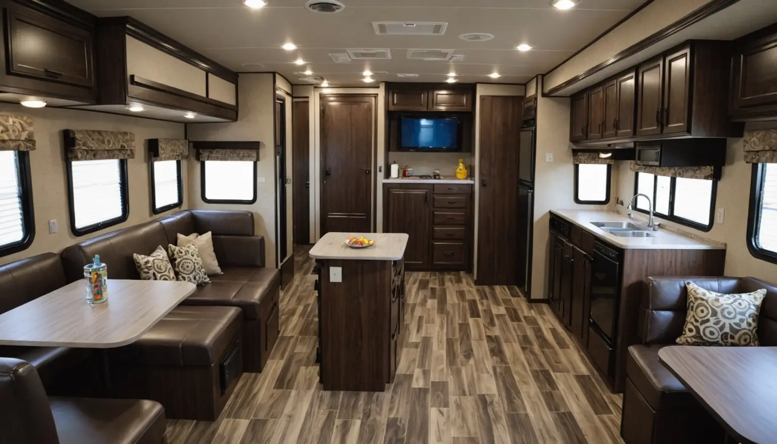 Living area of the 240BH with brown leather sofa and dinettes, a small island and the galley along the wall