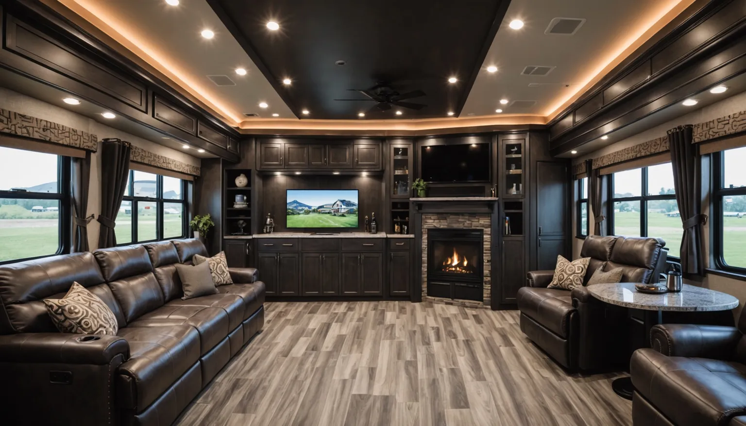 Living area of the Haymaker with dark leather sofa and recliners, stone fireplace, two TVs and cove lighting