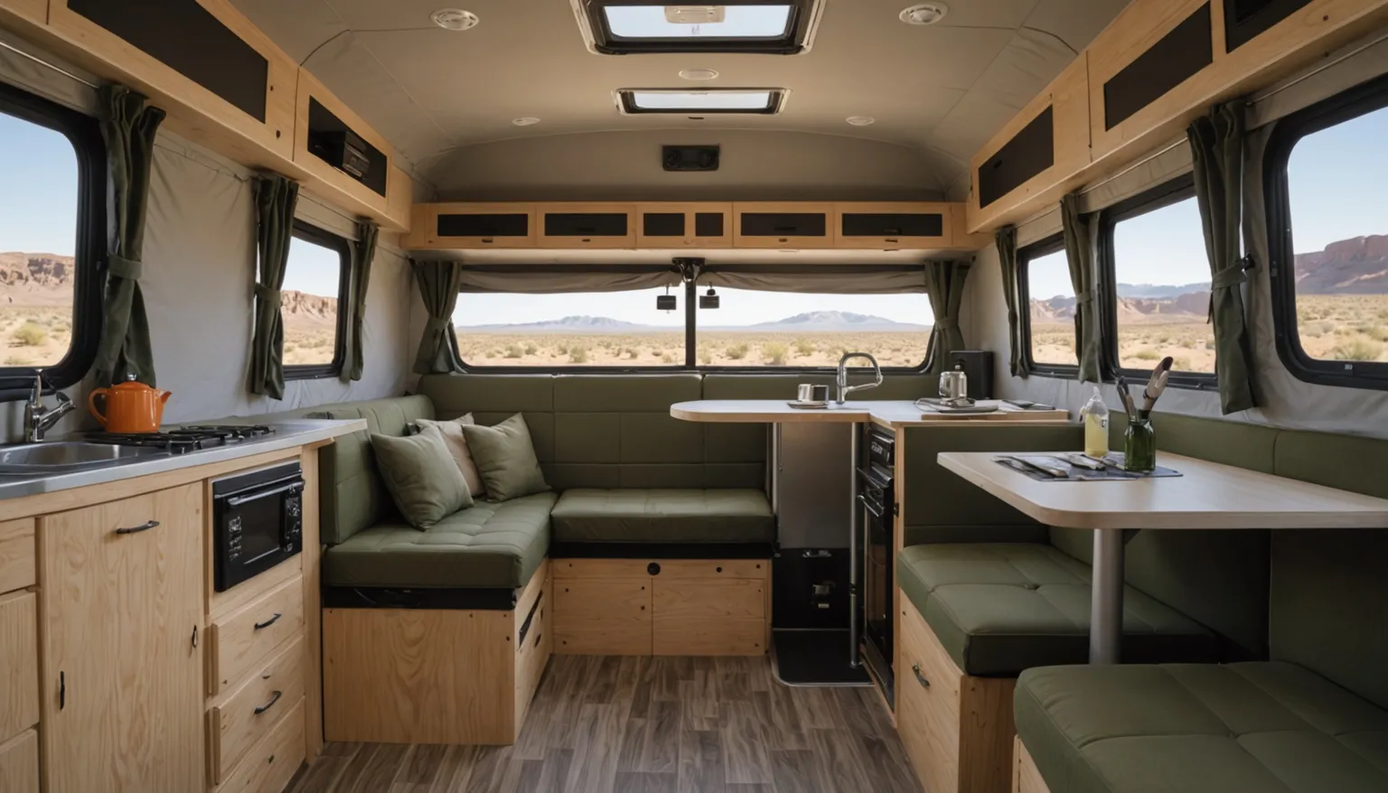 Interior of the Backtrack 10XT with olive dinettes, birch cabinets, a stainless sink and cooktop, and desert views through the windows