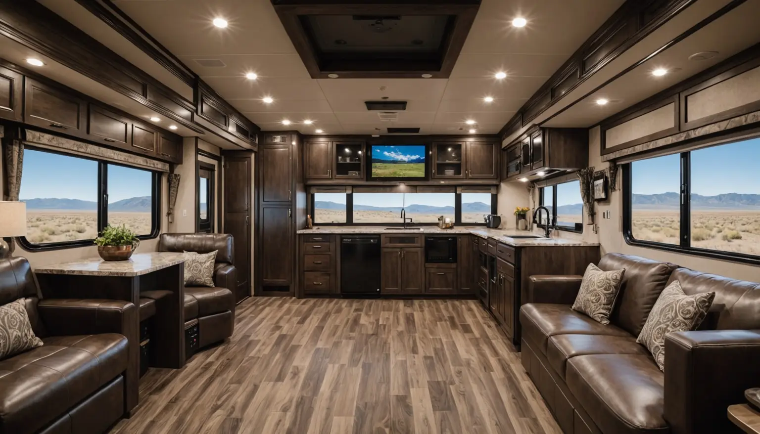 Living area of the Crestview 27RL with brown leather recliners and sofa facing the kitchen, desert views through the windows