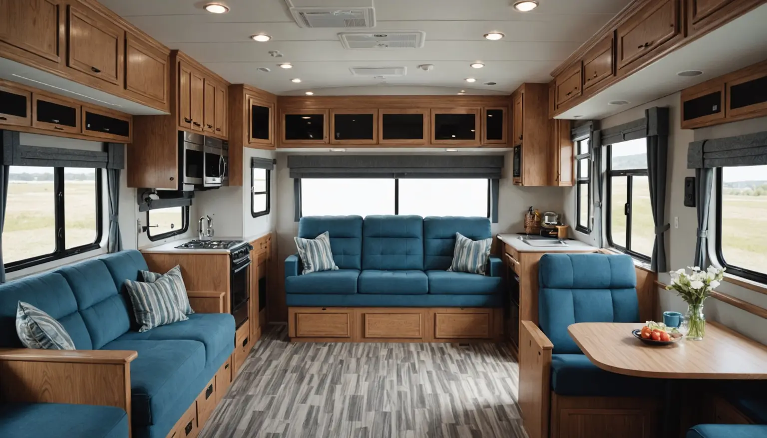 Living area of the Meridian 280RK with harbor blue sofas, a dinette and oak cabinets, kitchen along the sides