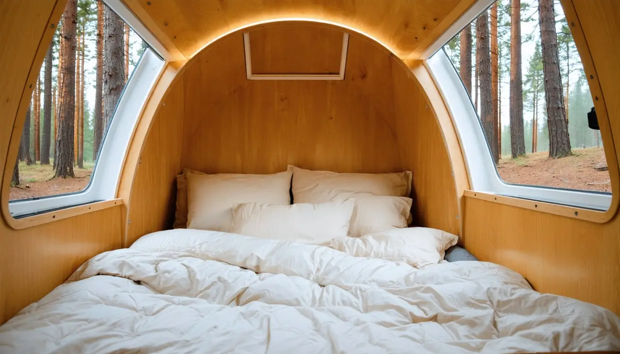 Queen bed with cream bedding inside the curved birch cabin of the Swift T14, with a stargazer hatch and side windows onto pines