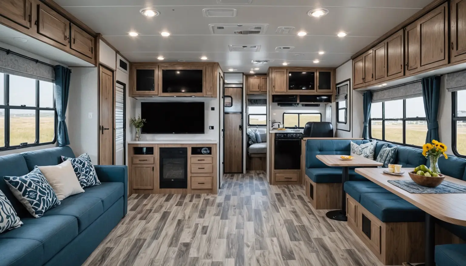 Living area of the Lodestar 22RBS with a blue sofa, blue dinette and a TV above an electric fireplace