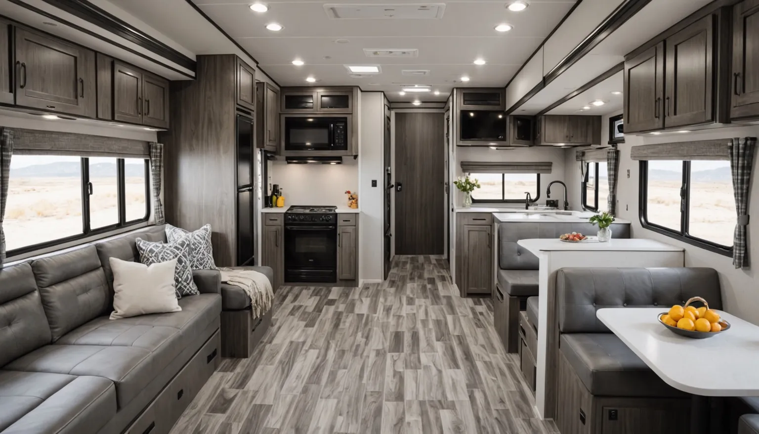 Living area of the Evergreen 293RK with a gray sofa facing the dinette across the aisle, galley and range beyond