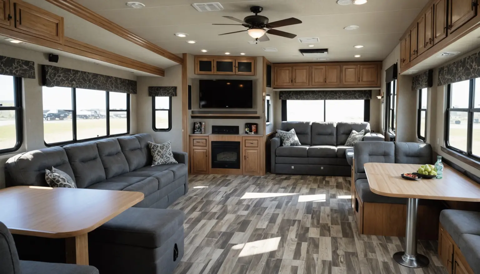 Living area of the Talus with slate gray sofas, two dinettes, oak cabinets and an electric fireplace below the TV