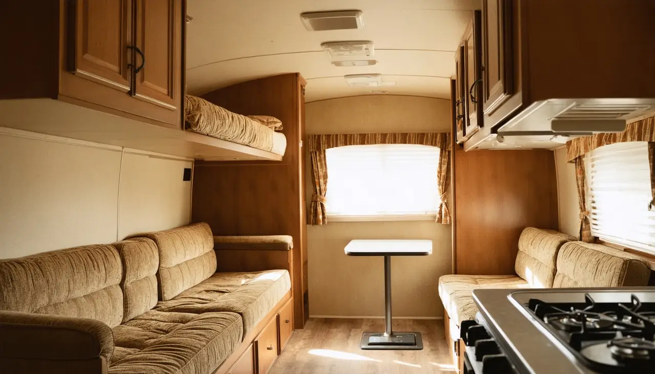 Interior of the 26BH with sierra tan sofa and dinette, an upper bunk and cherry-look cabinets