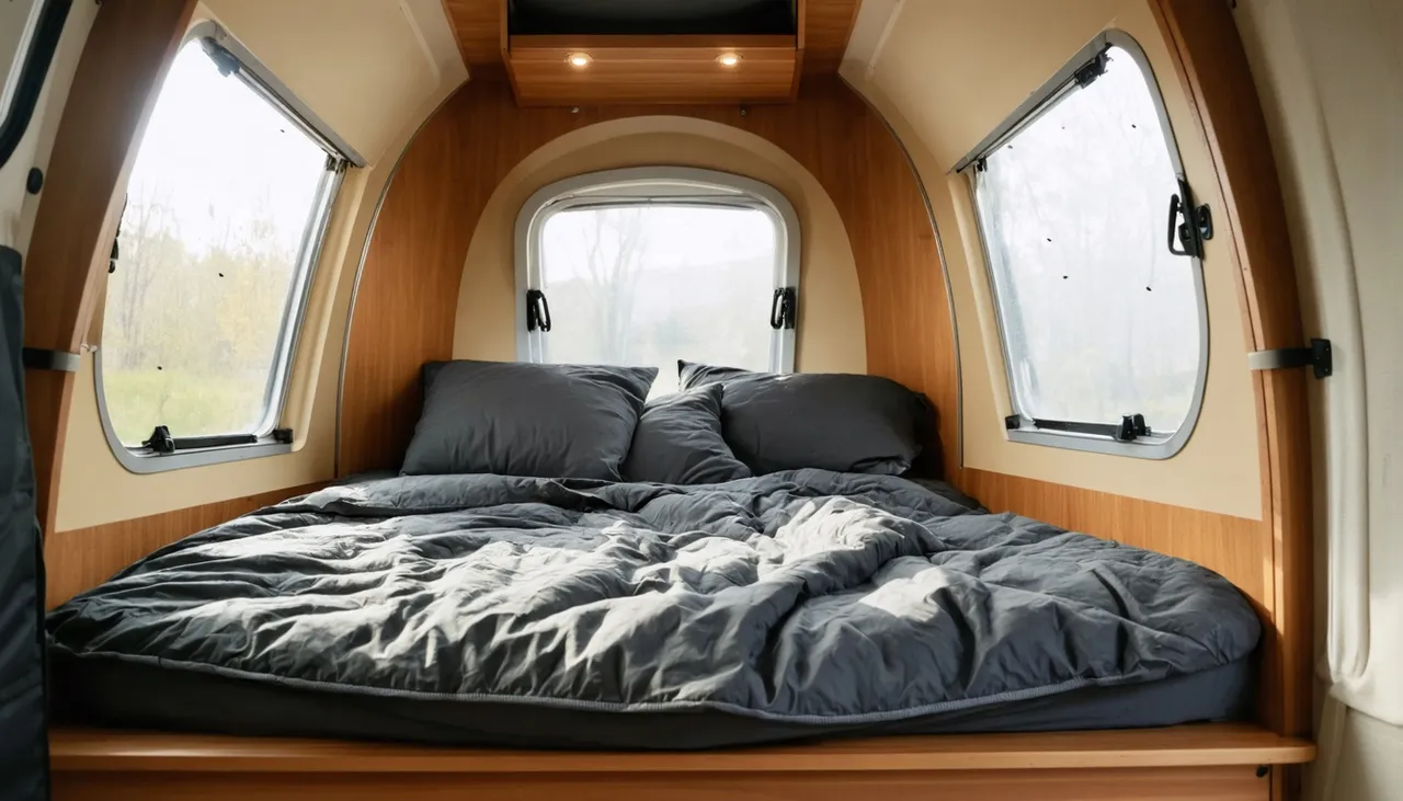 Queen bed with charcoal bedding in the curved wood-paneled cabin of the Nomad T16X, three windows and an overhead cabinet